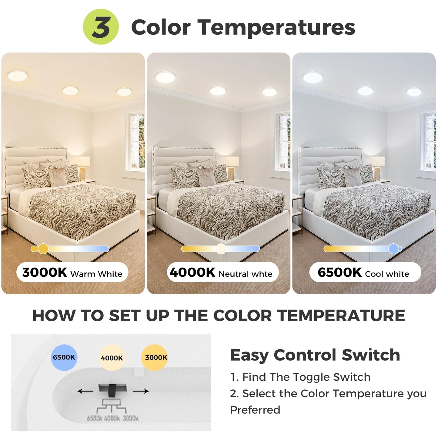 1PACK Flush Mount LED Ceiling Light Fixture - White, 6.5Inch 12Watt, Dimmable & 3000K-4000K-6500K 3 Color Selectable Ceiling Lamp - 1200LM Low Profile Light for Kitchen, Bedroom, Hallway, Porch