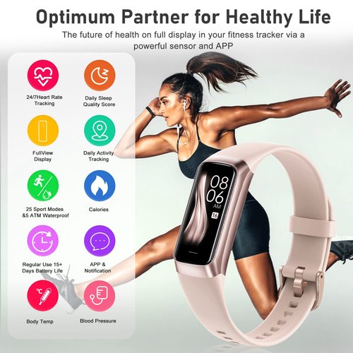 Fitness Tracker with 24/7 Heart Rate, Blood Oxygen Blood Pressure Sleep Monitor, 5 ATM Waterproof Activity Trackers,Step Calorie Counter Pedometer Health Smart Watch for Women Men (Pink)