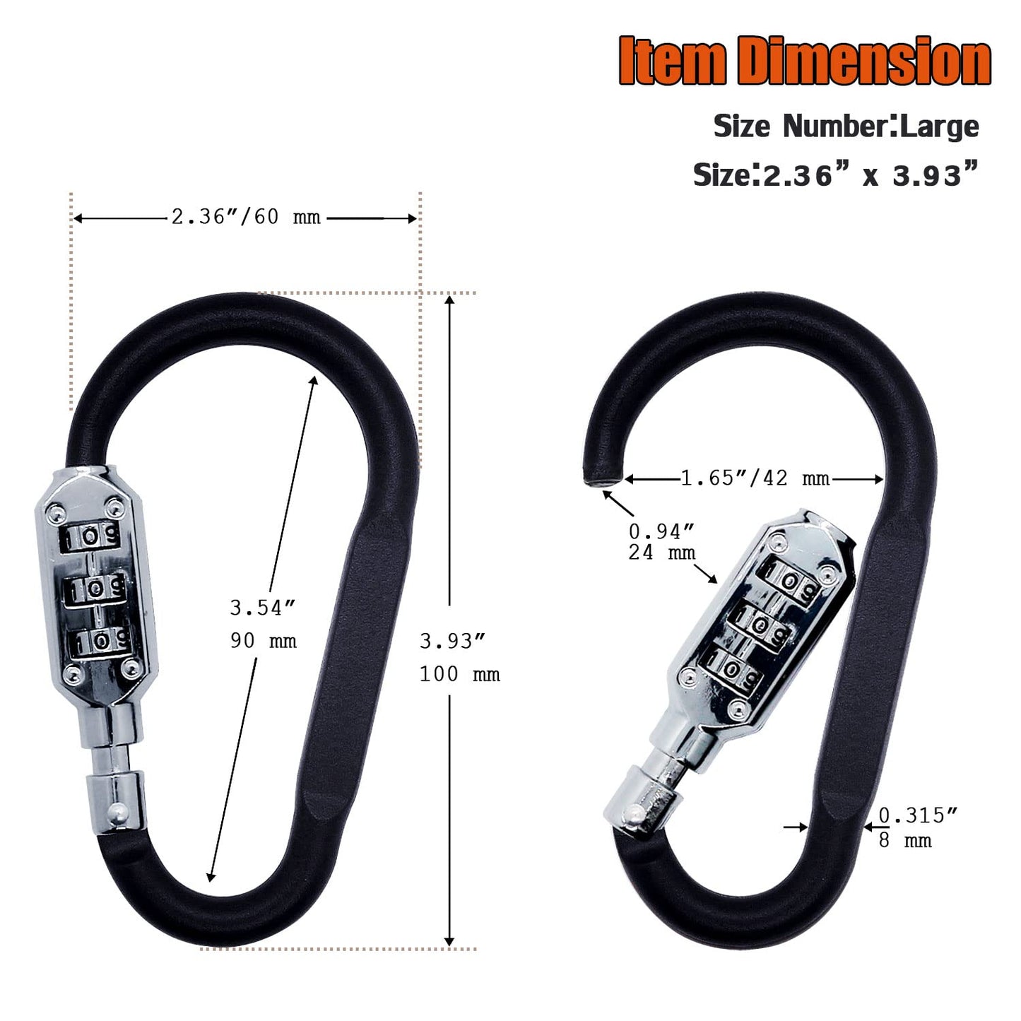 Combination Carabiner Clips,V-Resourcing Resettable 3 Dial Digit Combination Lock Carabiner Keychain,for Suitcase Luggage Travel Baggage Backpack (D Shaped, Large Size, Black, 2 Pack)