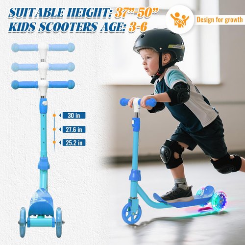 Kids Scooter with LED Light-Up Wheels, Adjustable Handlebar Scooter, Kids Toys Gift for Boys & Girls (Height 37-50") | Outdoor Play for Ages 3,4,5,6 | Extended Footrest | Next Level, Blue