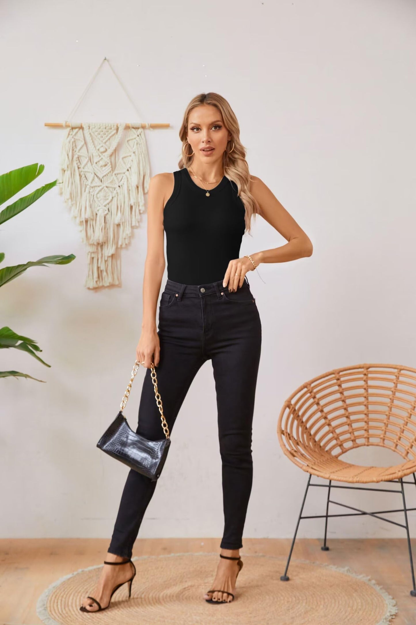 VICHYIE Summer Tanks for Women Sleeveless Tops Cami Top Shirt Ribbed Racerback Blouses Tee Black Large