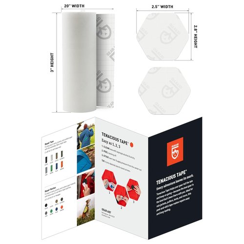 GEAR AID Tenacious Tape - 3” x 20” Clear Vinyl Gear Repair Tape with (2) 1.5” Hex Patches for Outdoor Gear
