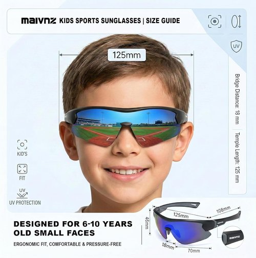 Maivnz Youth Baseball Sunglasses - Kids Sports Glasses for Ages 6-12 | Helmet Compatible, Ideal for Softball & Cycling