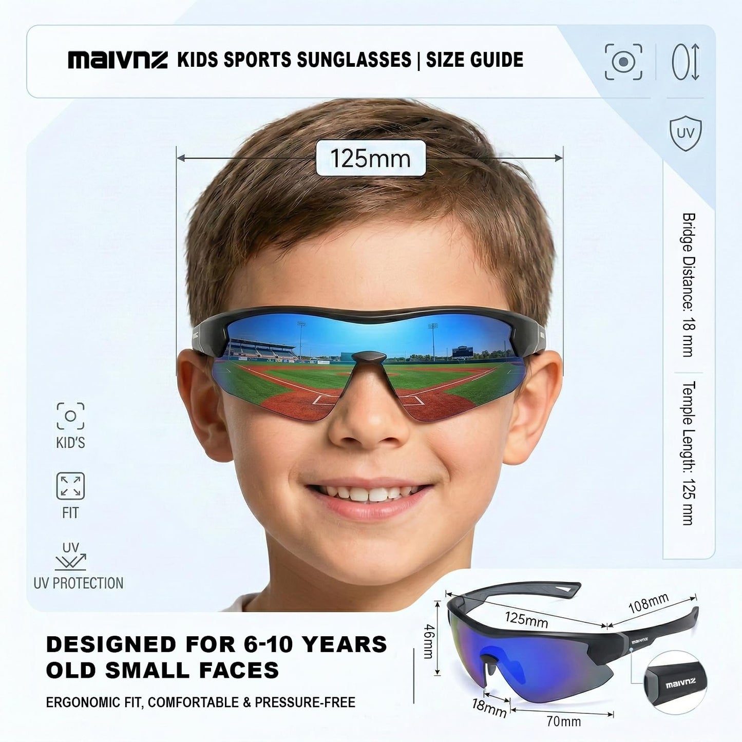 maivnz Youth Baseball Sunglasses for Boys and Girls Ages 6-12, Kids Sports Glasses for Softball Cycling, Helmet Compatible（Black/Blue