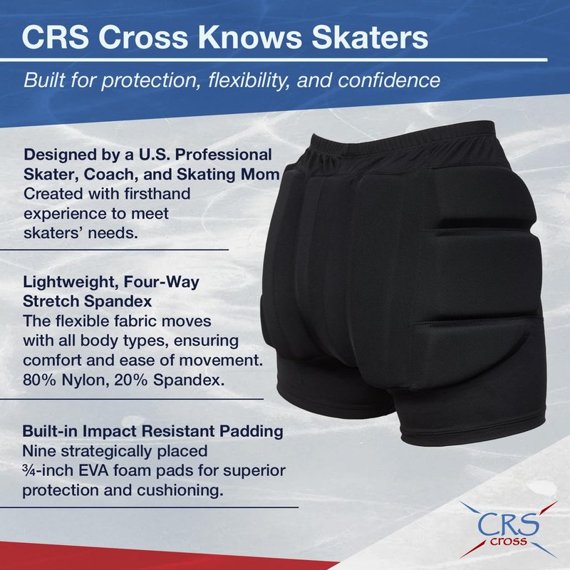 CRS Cross Padded Figure Skating Shorts. Crash Pad Pants for Roller, Inline, Ice Skating, Snowboarding, and Skiing. Fall Impact Protection for Butt, Hips, and Tailbone (Ladies Small Black)