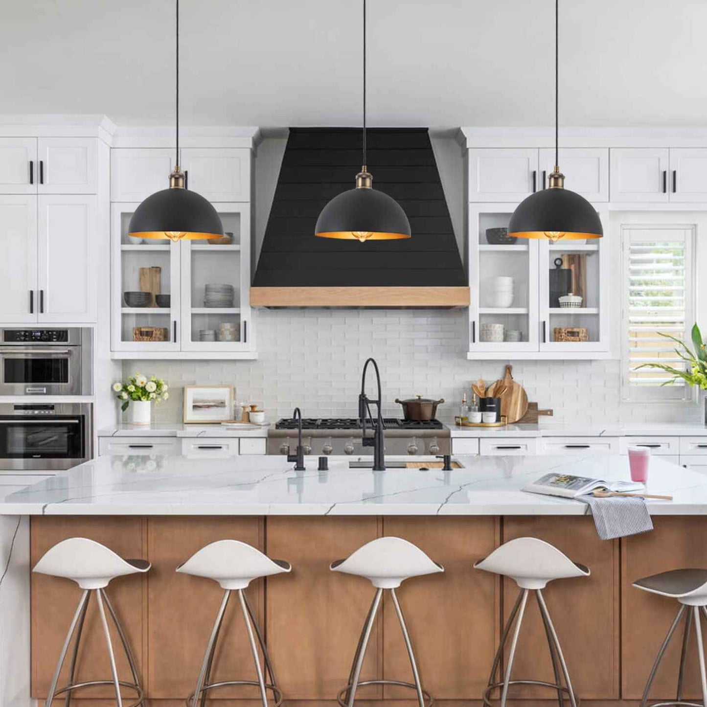 Imfurlayo Industrial Mini Black Pendant Lights 3-Pack Farmhouse 9.84" Black Gold Dome Pendant Lighting Fixture Retro Pendant Light for Kitchen Island, Dining Room, Bedroom, Hallway, Living Room