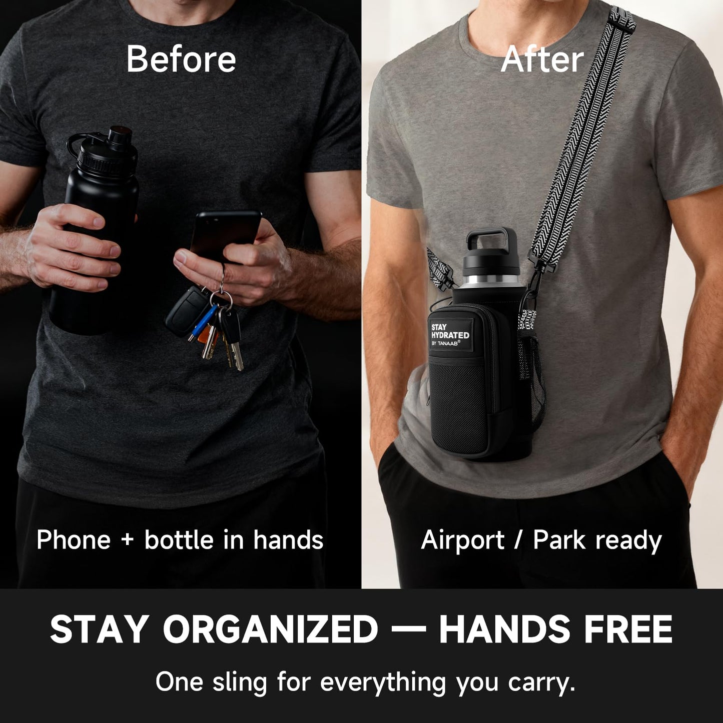 TANAAB Water Bottle Holder with Strap, Neoprene Crossbody Carrier, Phone Pocket, 1.46" Wide Strap, Fits 24-40oz