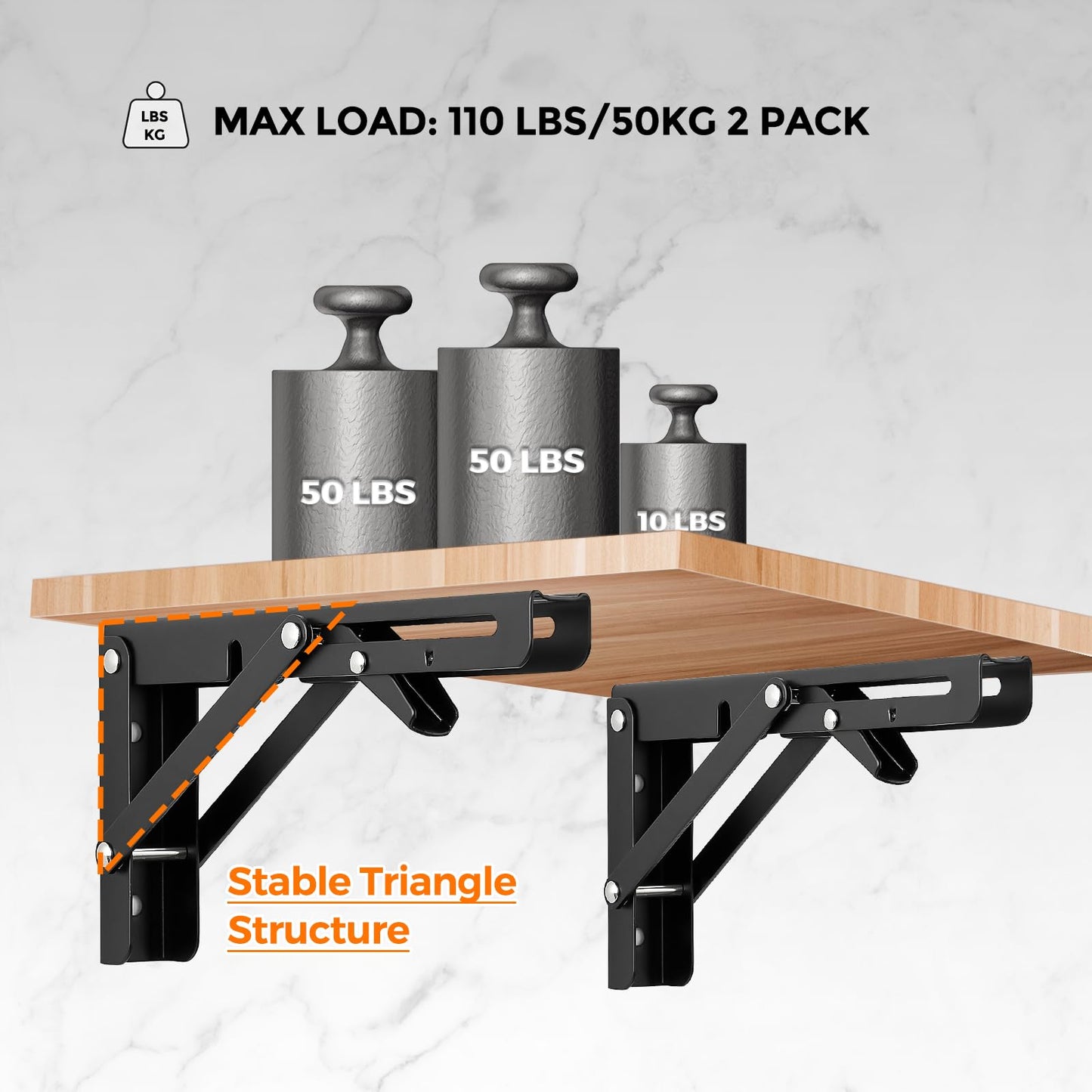 Ravinte 6 Inch Heavy Duty Folding Shelf Brackets - Collapsible Matte Black Brackets for Table, Bench, Space Saving Design, 2 Pack