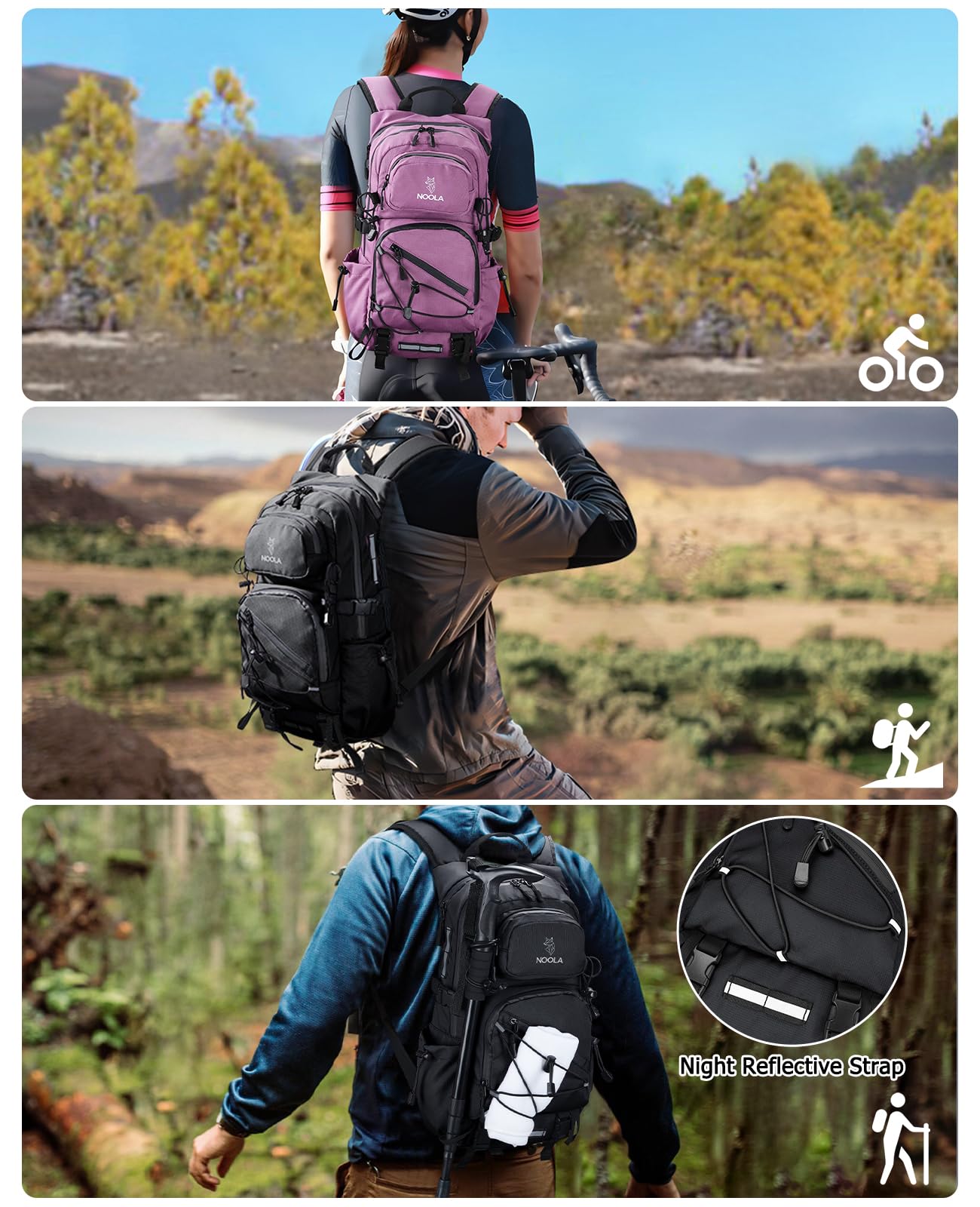 NOOLA Hydration Backpack with 3L Water Bladder - 22L Water Backpack for Hiking, Cycling, Running, Biking - Lightweight Hiking Pack Bag with Rain Cover, Phone Holder and Trekking Pole Holders, Black