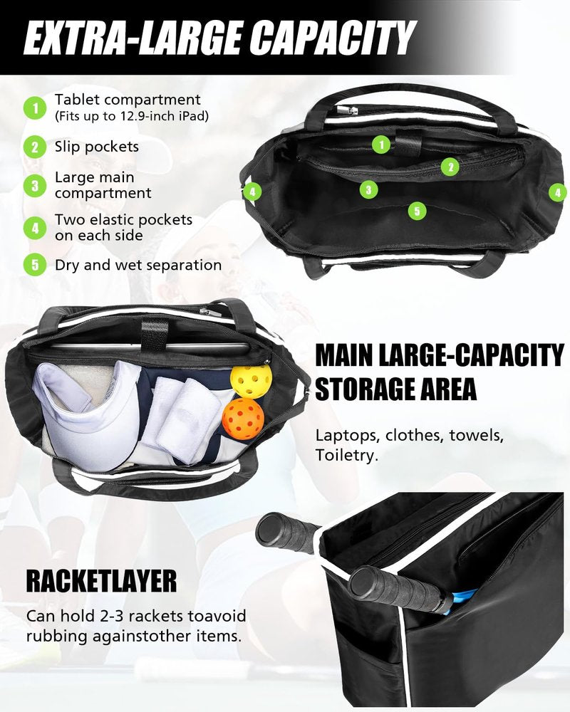 Tyxauk Tennis Tote Bag for Women, Lightweight Waterproof Tennis Racket Bag Holds 2 Rackets, Pickleball Bag, Large Sports Tote