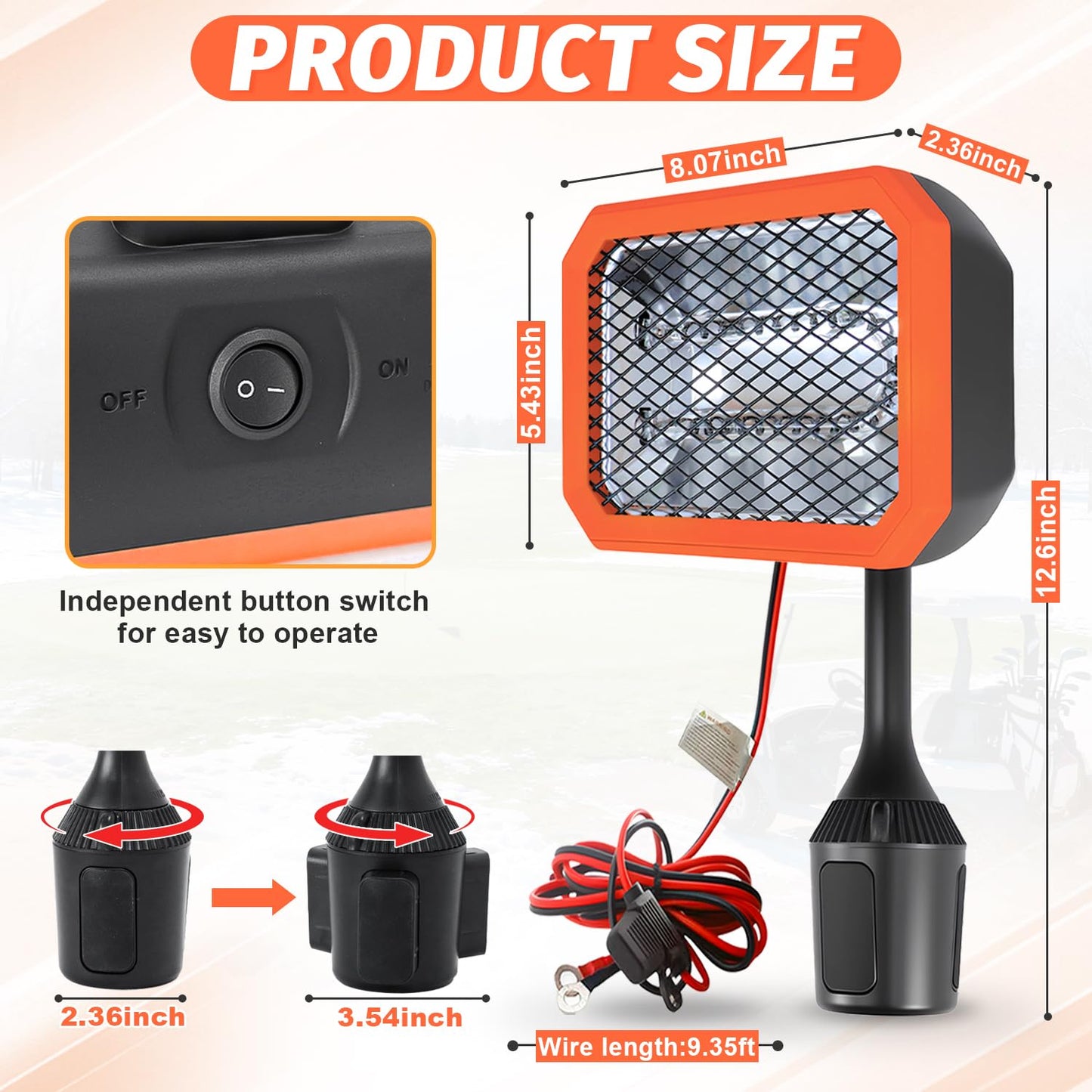 48V Golf Cart Heater Golf Cart Accessories, 400W Safe & Fast Heating Electric Heaters for Golf Cart, Battery Operated Heater with 360° Adjustable Angle Carbon Fiber Heating for Club Car/Yamaha/EZGO