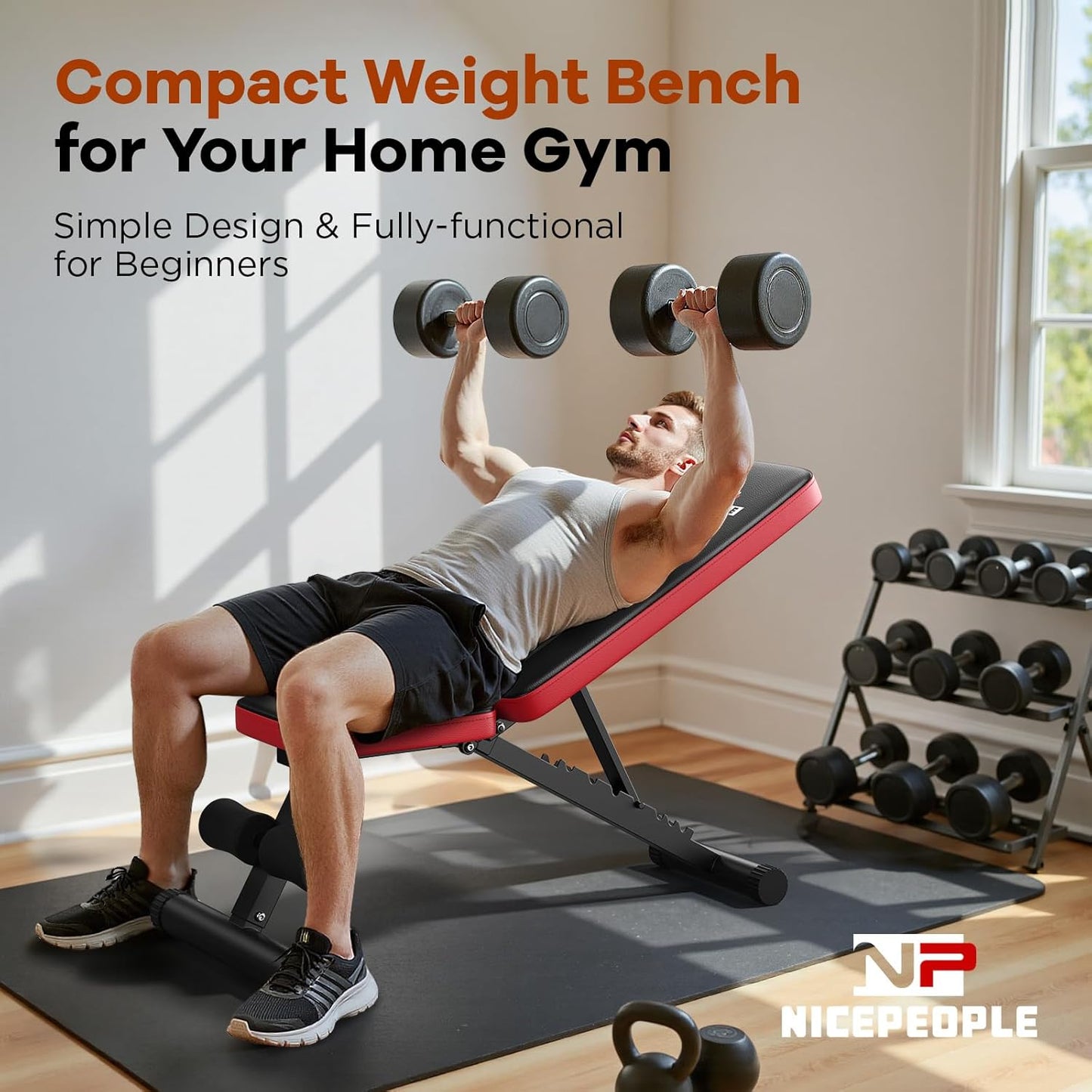 NICEPEOPLE Adjustable Weight Bench - 660LBS Capacity Home Gym Bench with 8 Backrests | Compact & Foldable Design for Small Spaces