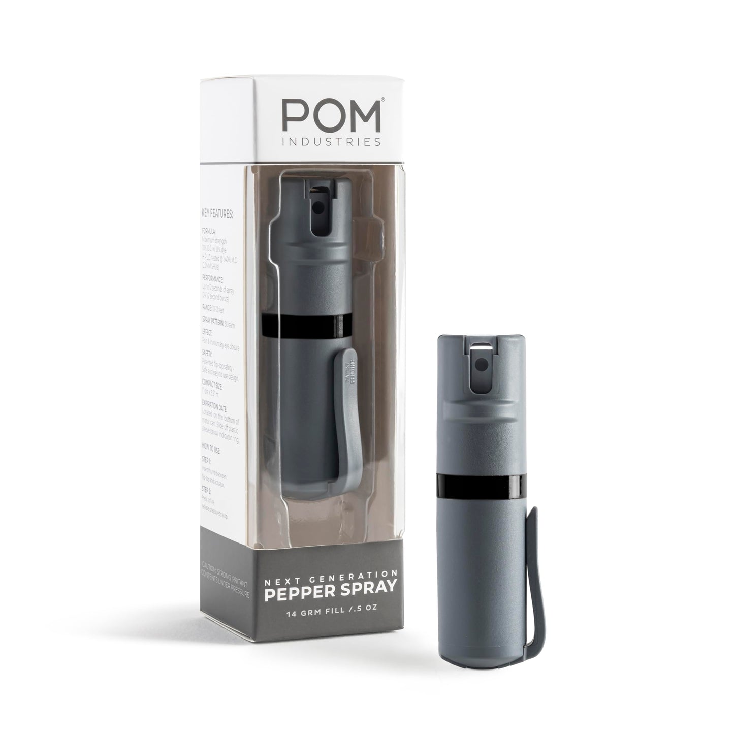 POM Pepper Spray Pocket Clip - Flip Top Safety - Maximum Strength OC Spray Self Defense - Tactical Compact & Safe Design - Quick Key Release - 25 Bursts & 10 ft Range