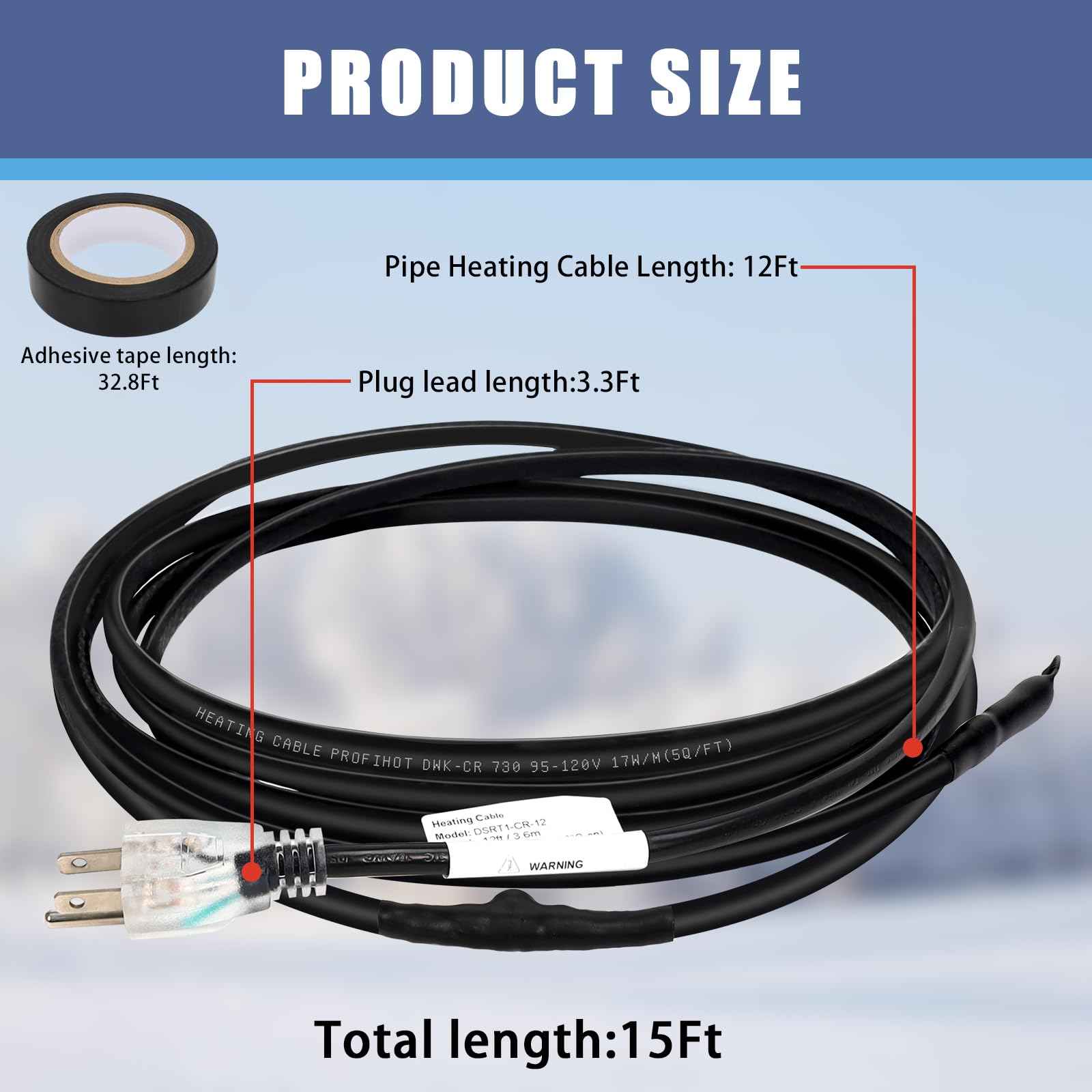 12FT Self-Regulating Pipe Heating Cable with Thermostat,Heat Tape for Water Pipe Freeze Protection,Pipes Heating Trace System for Home Supply Pipes,120V 5W/FT