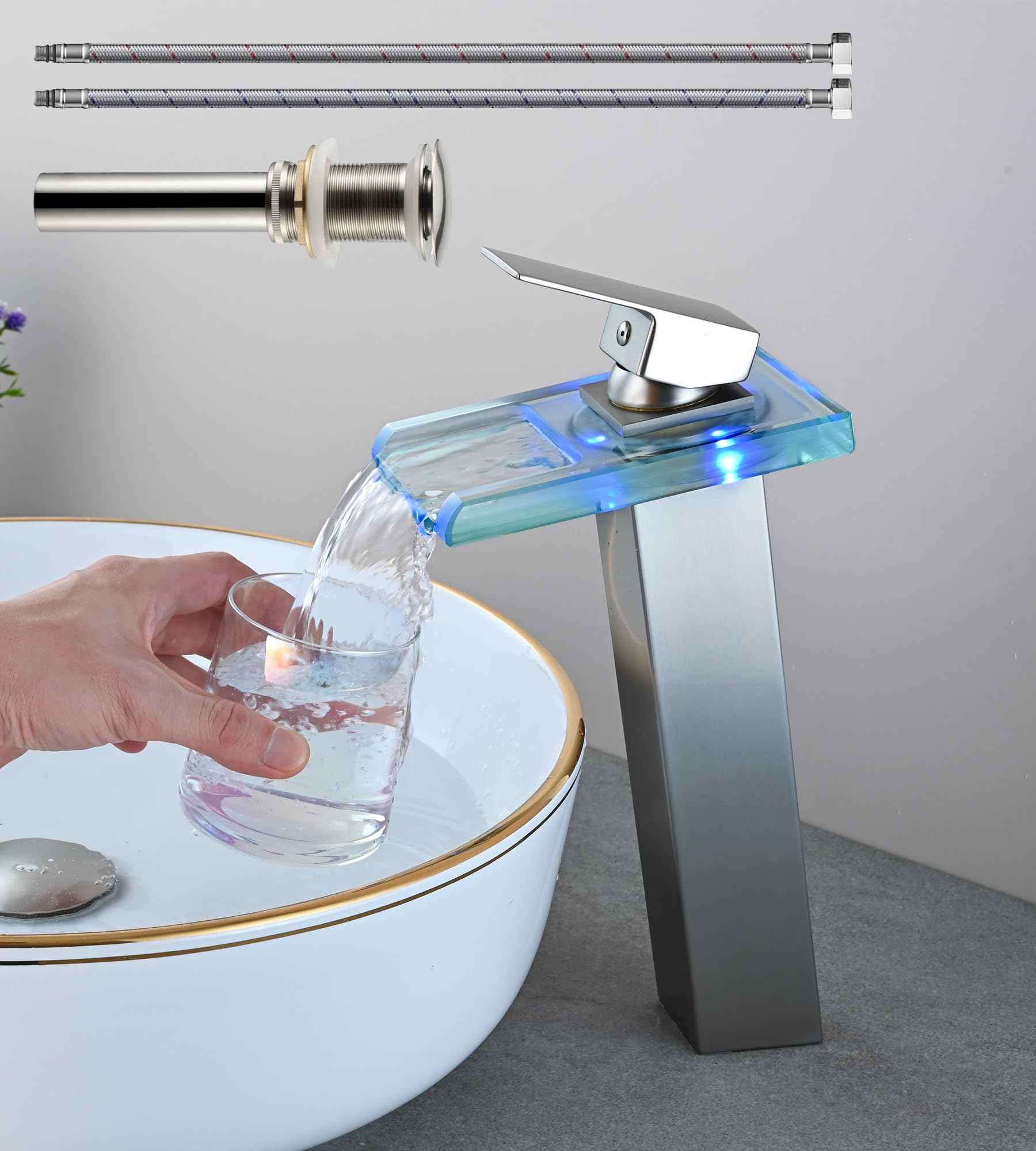 BATH FAMOLI LED Bathroom Sink Faucet, Tall Vessel Sink Faucet, Waterfall Single Handle 1 Hole and 2 Water Supply Lines, Brass Faucet with Open Glass Spout (Tall, Brushed Nickel)