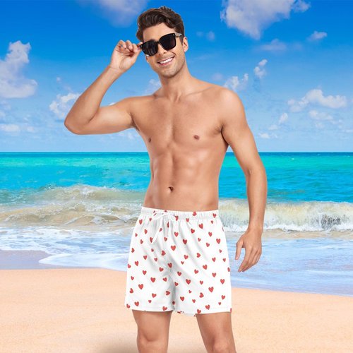 QUGRL Men's Casual Workout Shorts with Elastic Waistband Red Hearts White Mens Training Gym Drawstring Shorts Summer Medium, Valentine's Day