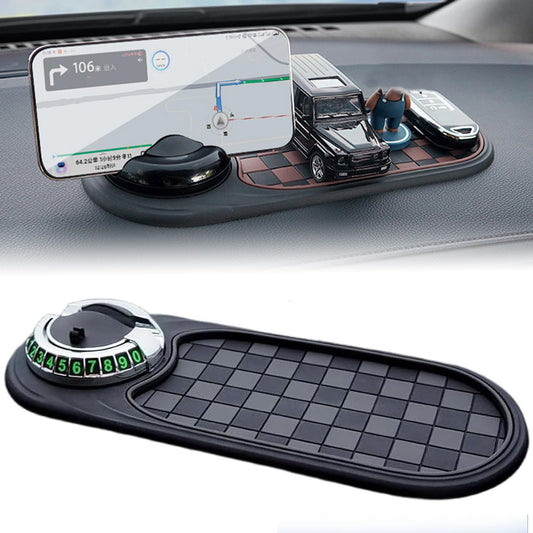 Multifunction Car Anti-Slip Mat, 2025 New Rotatable Anti Skid Car Dashboard Pad,Auto Phone Holder-Universal Non-Slip Car Mat, with Temporary Parking Numbe, for Phone Sunglasses Keys Gadgets (Silver)