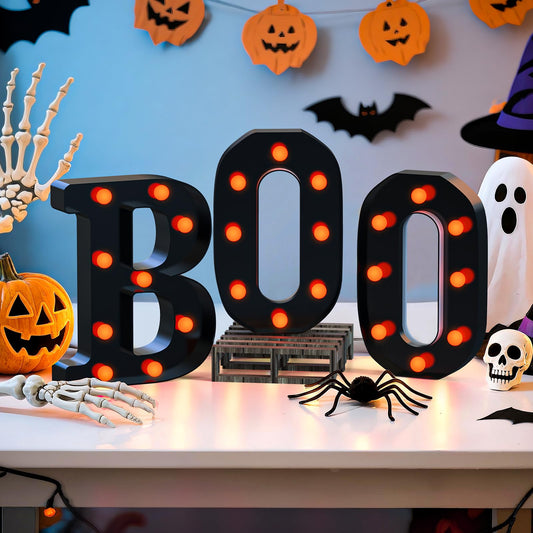 Halloween Decor,3 LED Light Up Marquee Letters Boo Sign,Cute Fall Halloween Decorations for Party,Tabletop,Mantel,Kitchen,Bathroom,Bedroom,Desk,Window,Porch,Office,Wall,Fireplace,Home,Indoor,Outdoor