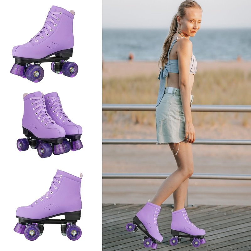 YYW Women Roller Skates High Top Shoes Men Double Row Shiny Roller Derby Skates Four Wheel Unisex PU Classic Skates for Beginner Outdoor (Purple Flashing Wheel,US40- Women's 9/Men's 7.5)