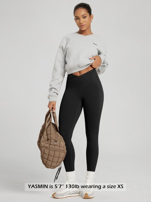 ODODOS Cloud Feeling Gathered Cross Waist Leggings with Pockets for Women 28" Crossover Lounge Yoga Pants, Black, Medium