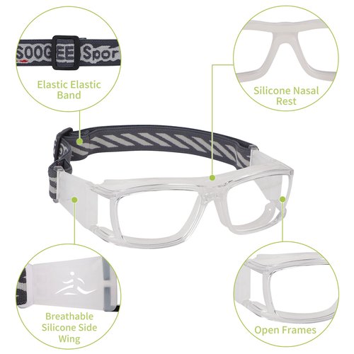 SooGree Men Women Basketball Football Goggles Racquetball Safety Training Goggles Anti Shock Collision Glasses Lens Replaceable (Transparent Frame White Nose Pads)