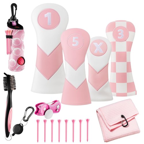 LaRandom 16 Pcs Golf Accessories Kit Include 4 Pcs Golf Club Head Covers, Ball Bag with Hook Towel Magnetic Ball Marker Tees Divot Tool Cleaner Brush for Gifts(Pink,Checkered)
