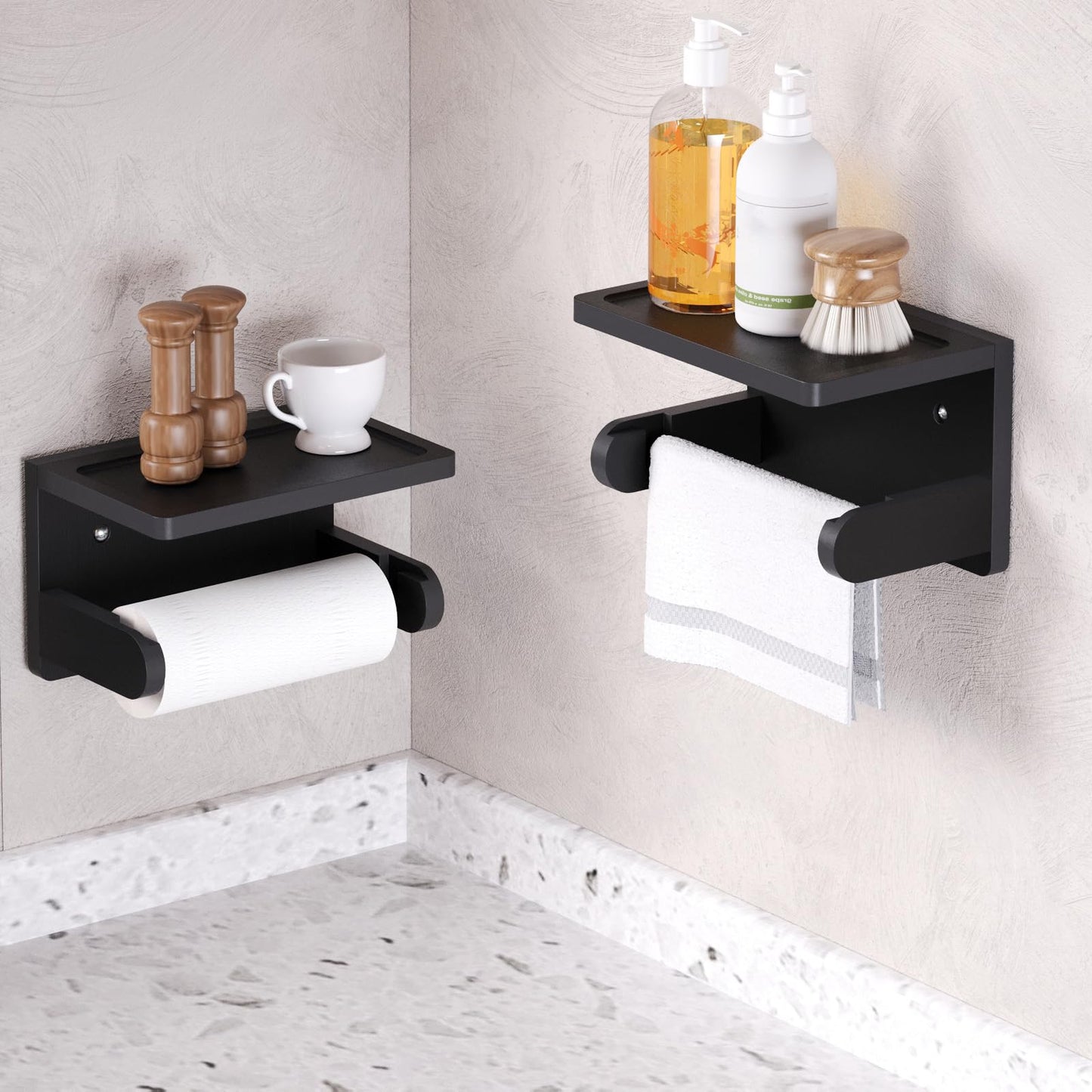 VERTORGAN Toilet Paper Holder with Phone Shelf,Bamboo Wall Mounted Tissue Roll Holder for Bathroom(Black)