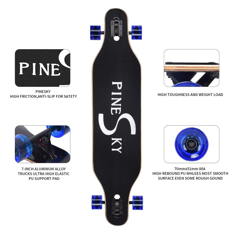 PINESKY 41 Inch Longboard Skateboard 9 Ply Natural Maple Complete Skateboard Cruiser for Cruising, Carving, Free-Style and Downhill with T-Tool Blue Sky
