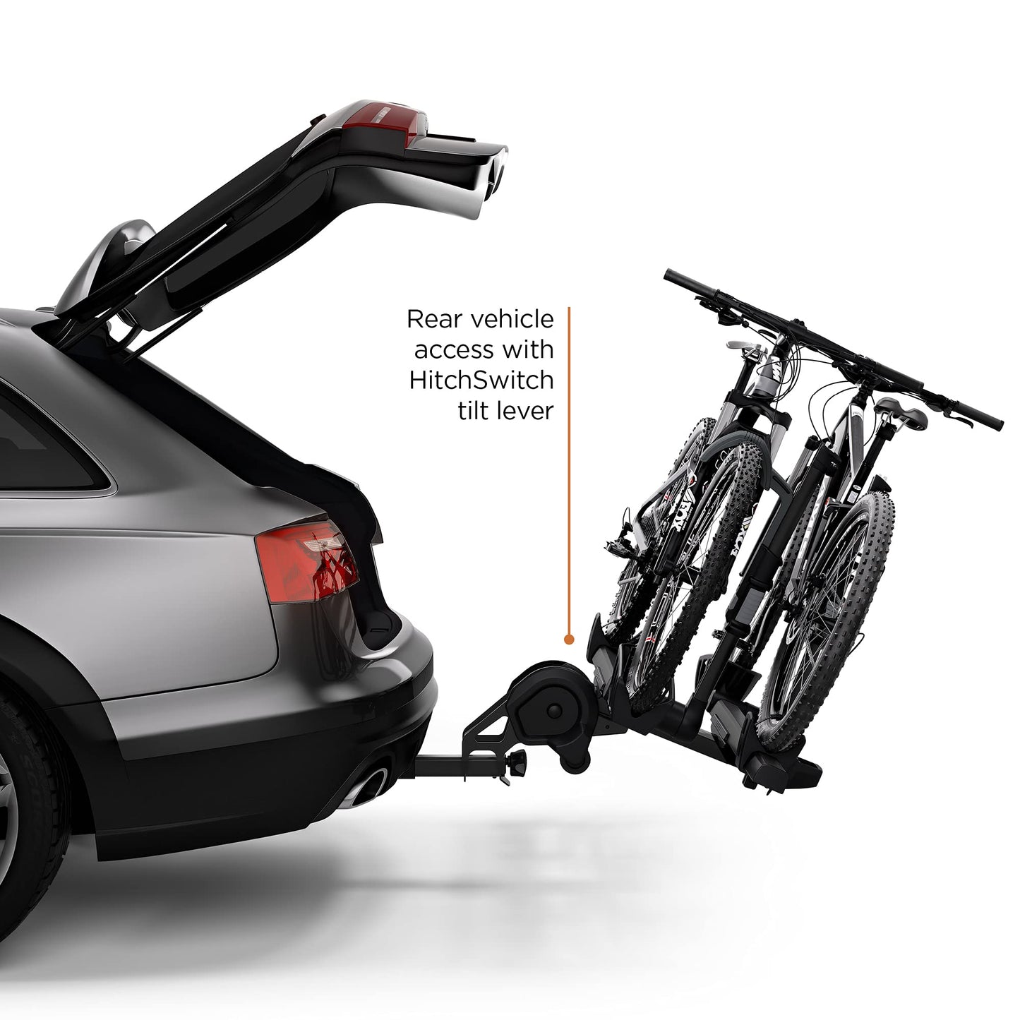 Thule T2 Pro XTR 2 Hitch Bike Rack - E-Bike Compatible - Tool-Free Installation - No Frame Contact - Tilts for Trunk Access - Fully Locking - Integrated Wheels For Transport - 100lb Load Capacity