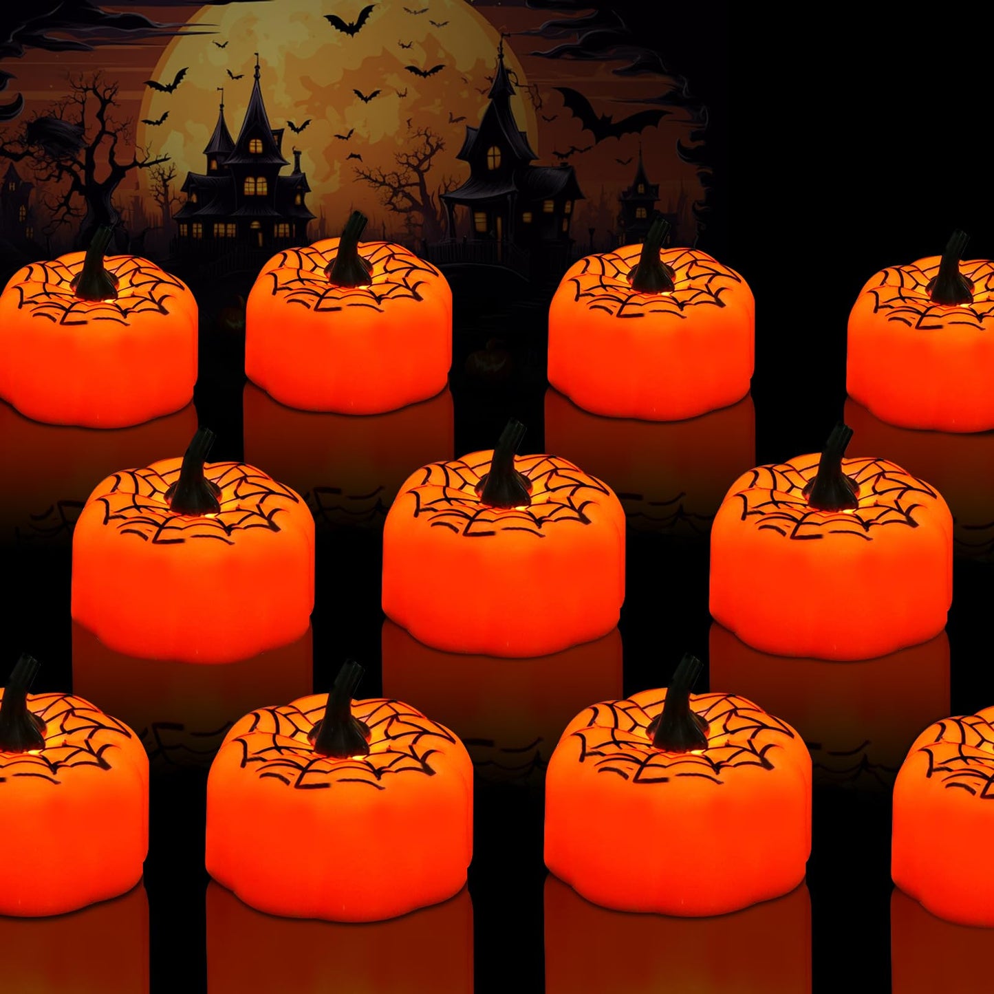 Lynumtw 12 Pack Pumpkin Tea Lights Halloween Decorations, LED Orange Pumpkin Lights FlameLess Candles Battery Operated Pumpkins Flickering Candles for Home Table Indoor Party Decor