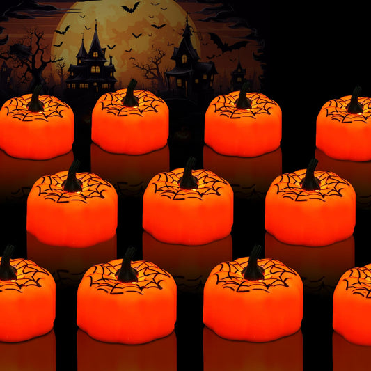 Lynumtw 12 Pack Pumpkin Tea Lights Halloween Decorations, LED Orange Pumpkin Lights FlameLess Candles Battery Operated Pumpkins Flickering Candles for Home Table Indoor Party Decor
