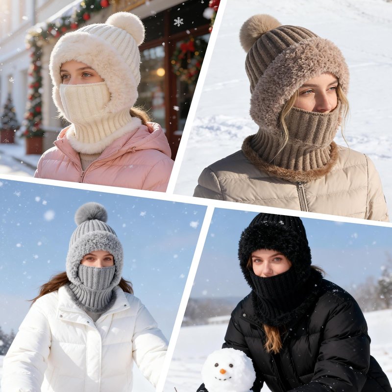 3 in 1 Beanie Hat for Women, Upgrade 3 in 1 Beanie Hat with Scarf and Mask, Fall Winter Warm and Windproof Knitted Ski Scarf and Mask Set, Thick Plush-Lined (Black)