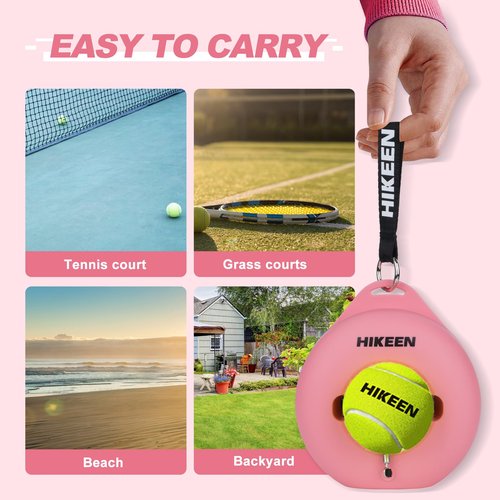 Hikeen Premium Tennis Trainer Rebound with Metal Base,Portable Solo Tennis Trainer Set with 3 Highly Elastic String Balls,Tennis Practice Equipment for Adult Kids and Beginners - Pink