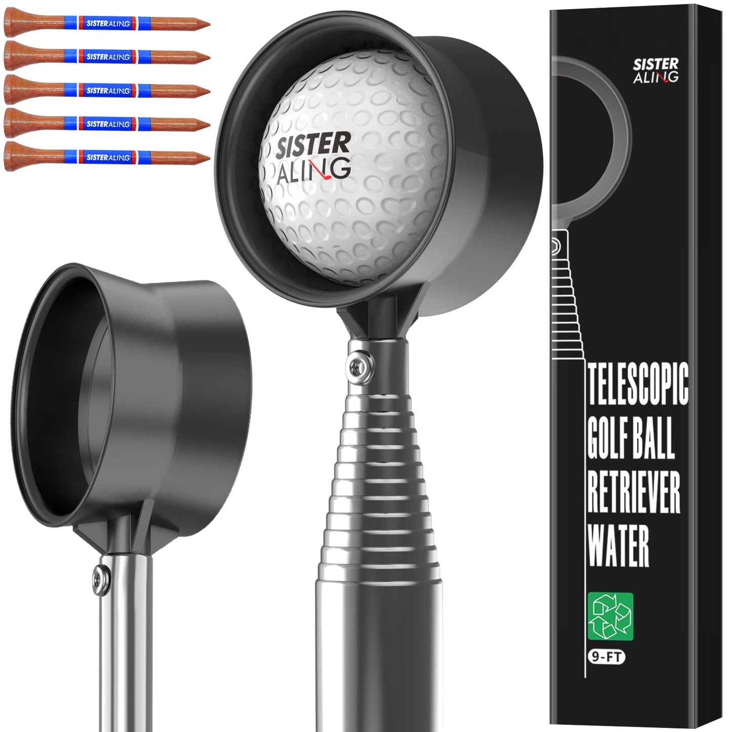 SisterAling 9ft/12ft Water Telescopic Golf Ball Retriever,Classic and Durable Stainless Steel Pick-Up Upper Grabber Tool,The Best Accessory Gift for Men and Women Golfers.(Black, 9Ft)