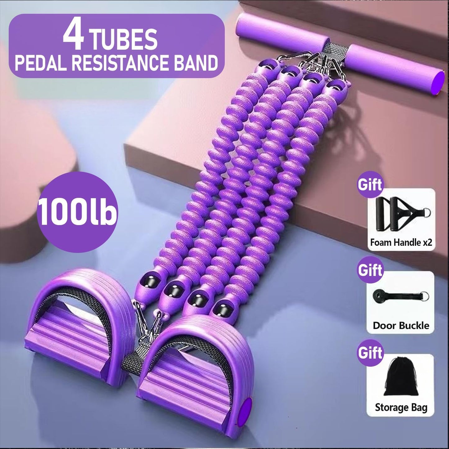 Skiennix Adjustable Foot Pedal Resistance Band - 4-Tube Ankle Puller for Full Body Workouts | Purple