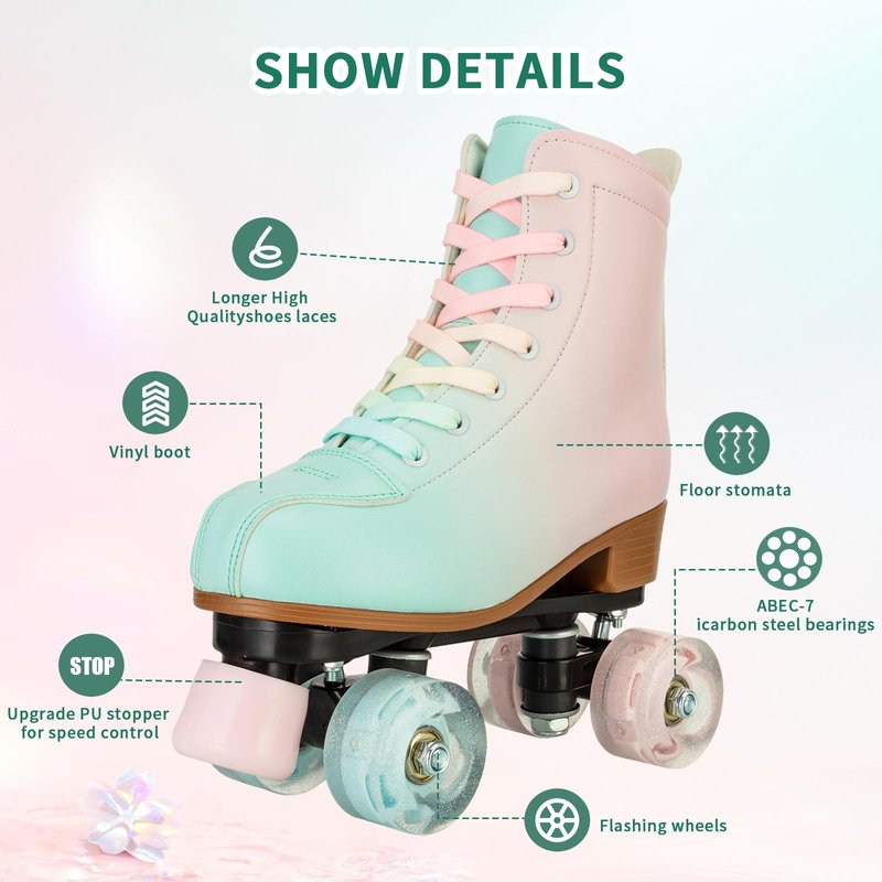 jessie Roller Skates for Girl and Women, PU Leather Fantastic Flash Wheel Kid Roller Skates Girls Ages 6-12 Beginner for Indoor Outdoor (Green Pink 35)