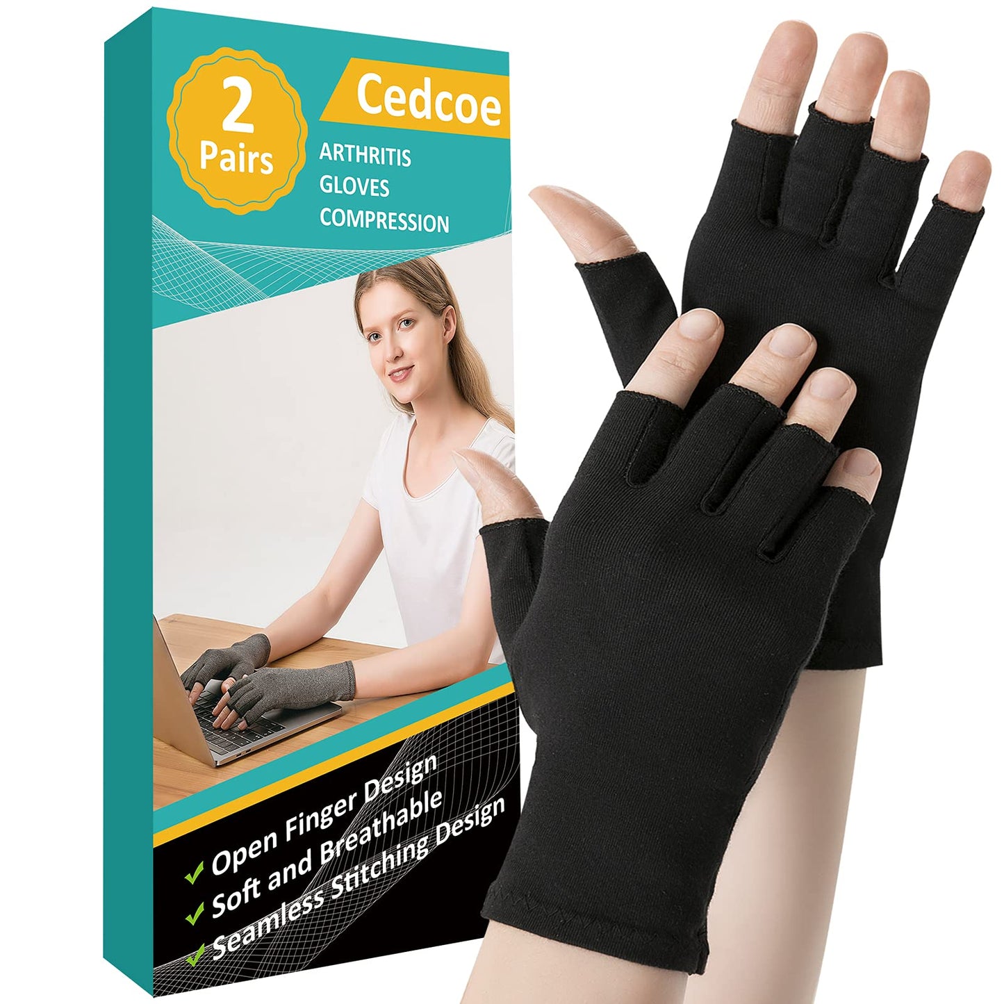 Cedcoe 2 Pairs Arthritis Gloves Fingerless Compression Gloves for Relieve Hand Pain, Rheumatoid, Osteoarthritis, Tendonitis, Carpal Tunnel for Women and Men to Daily Work (Black, Medium)