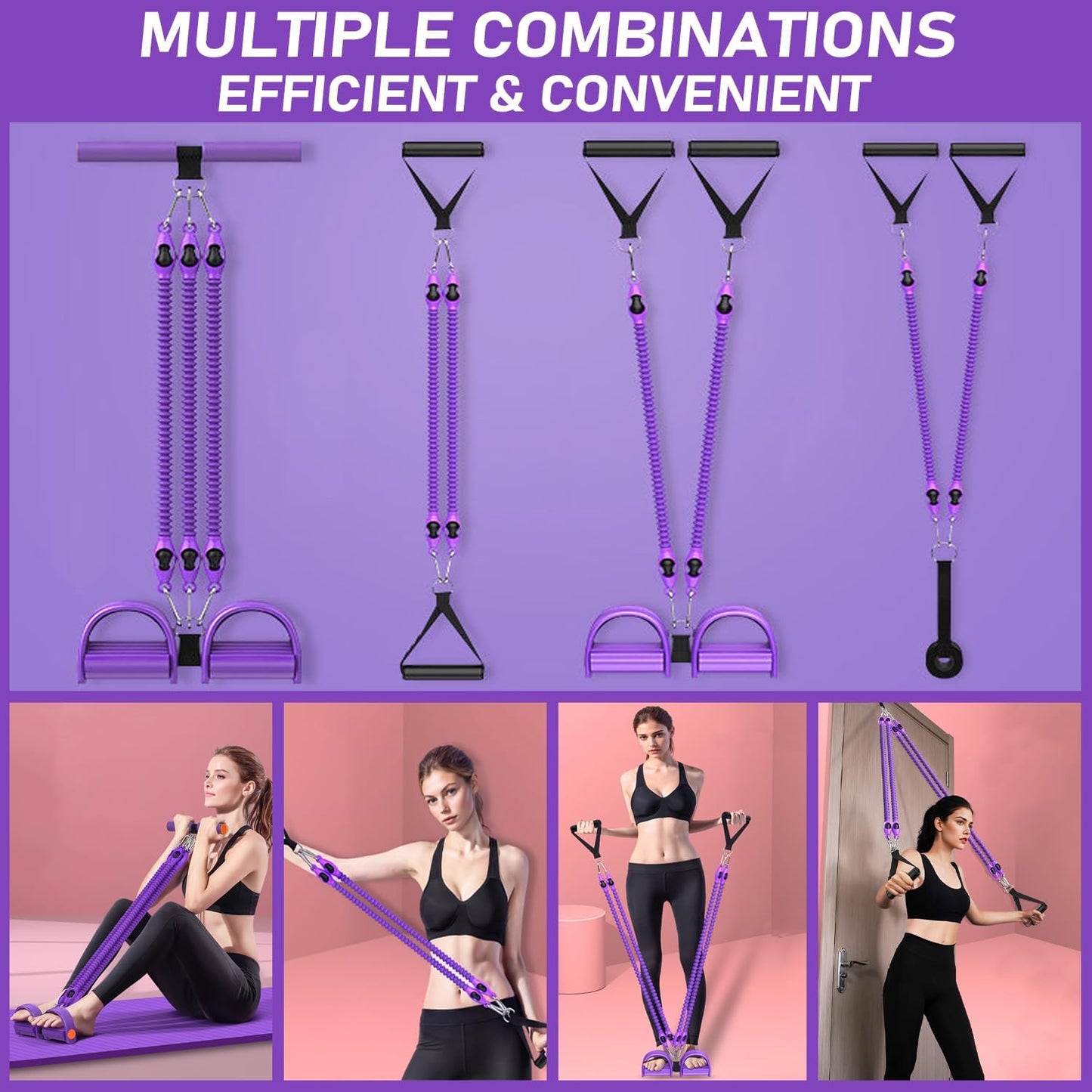 Skiennix Adjustable Foot Pedal Resistance Band - 4-Tube Ankle Puller for Full Body Workouts | Purple