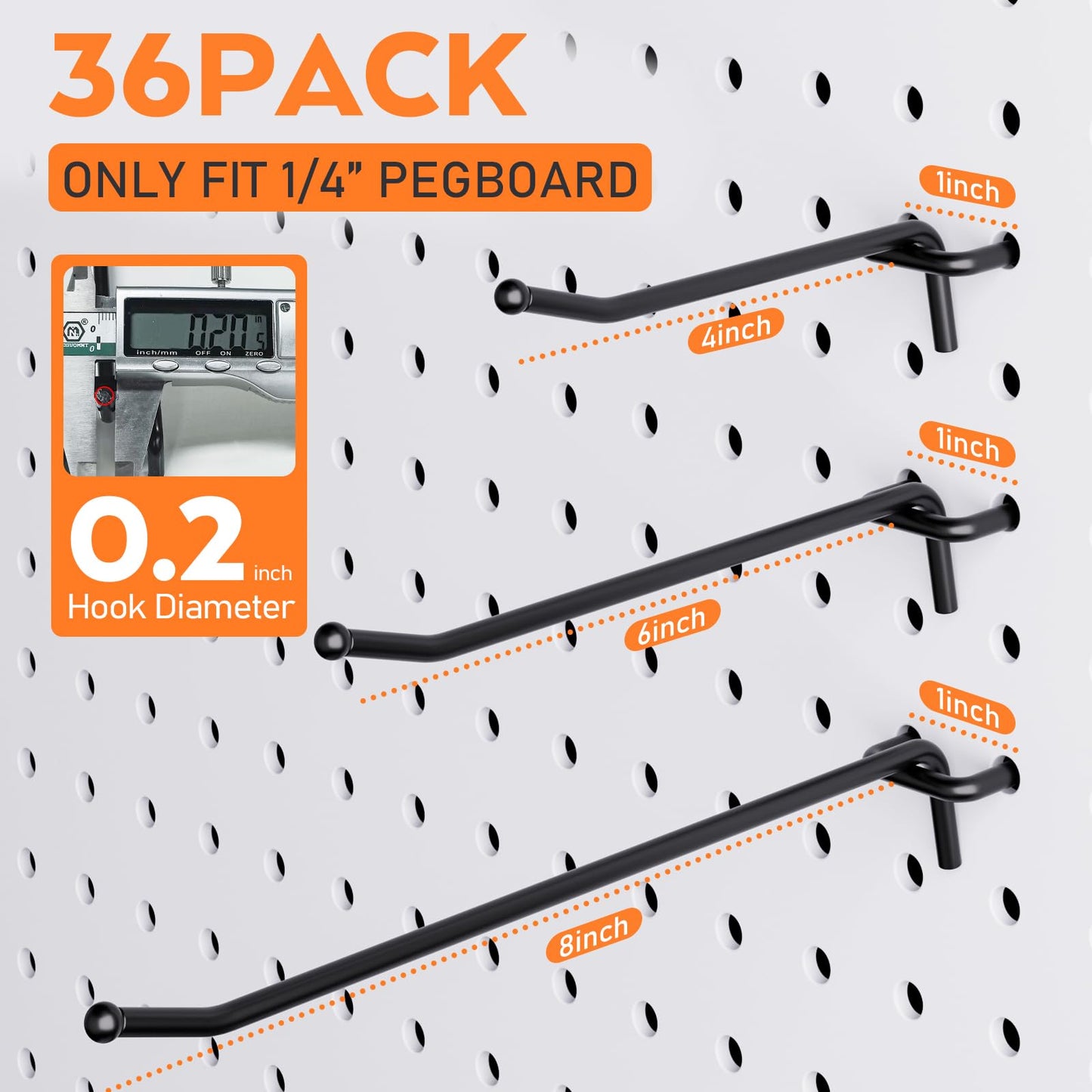 INCLY 36 Pack 4/6/8 Inch Black Pegboard Hooks, 1/4" Heavy Duty Peg Board Shelving Hooks Accessories, Peg Board Tool Hangers Fit 1/4" Pegboard for Organizing Garage, Craft Room, Kitchen, Store