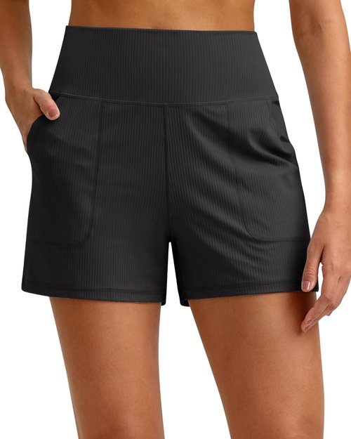 G4Free Women's High-Waisted Athletic Shorts - Stretchy Ribbed Design with Pockets | Casual Running & Golf