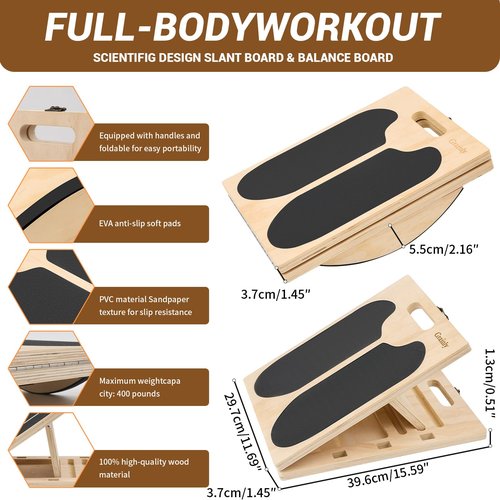 Grainly 2-in-1 Wooden Slant Board & Balance Board | Adjustable Incline Board for Calf Stretching, Squat Wedge, Ankle Support | Suitable for pain relief therapy and core strength training| Includes Workout Poster & Resistance Band