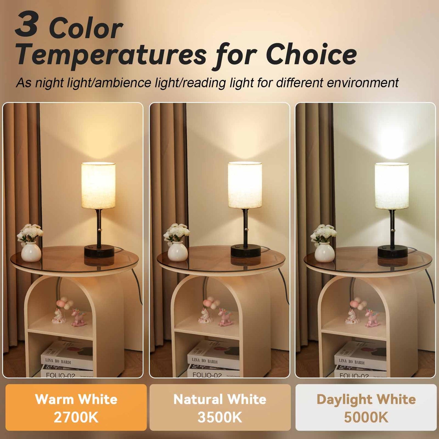 Small Bedside Table Lamp for Nightstand with USB & Outlet, 3 Color, Matte Black, Beige Lampshade (LED Bulb Included)