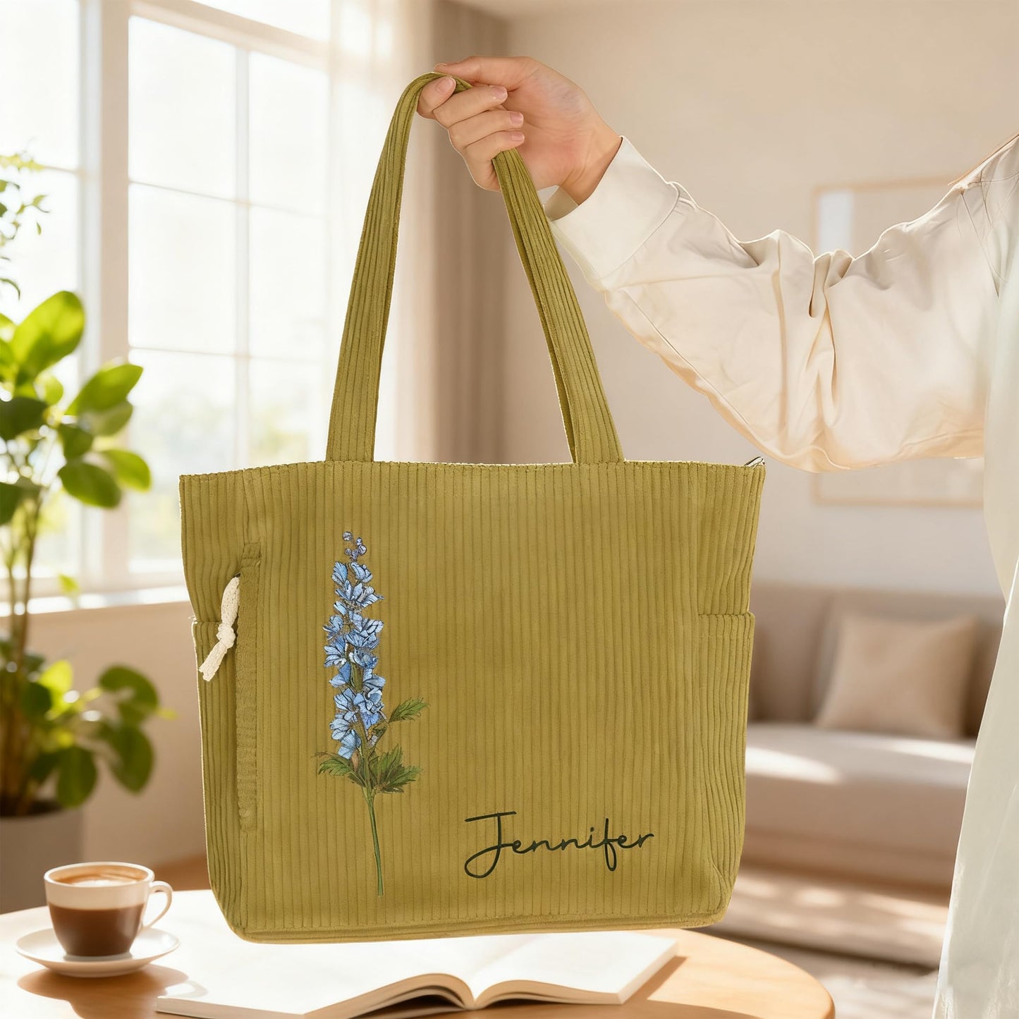 Personalized Birth Flower Corduroy Tote Bag for Women | Name Shoulder Bags