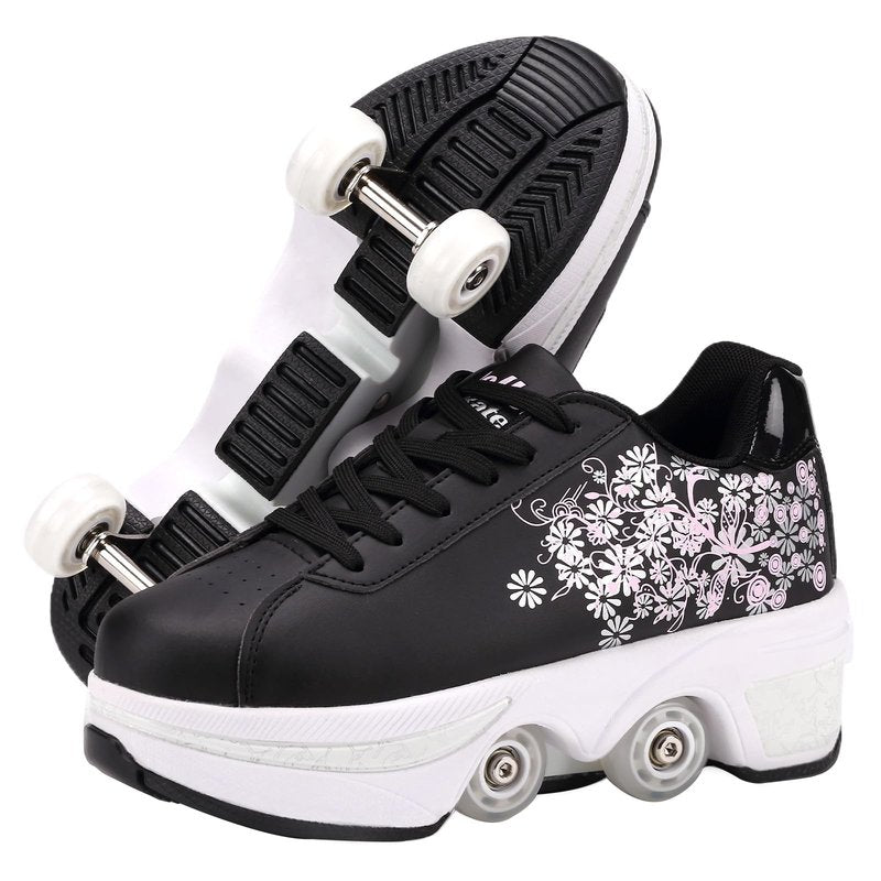 Roller Skate Shoes for Girls, Kids, Women, Men,Double-Row Skating Shoes,Retractable Wheels Sneakers,Adjustable Parkour Roller Skates,Deformation Sneakers Outdoor (Hhua, 9 Women/8 Men)