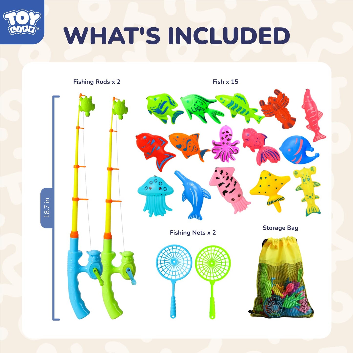 TOY Life Magnetic Fishing Game, 19 Pc, 2 Poles and 15 Fish, Ages 3-5