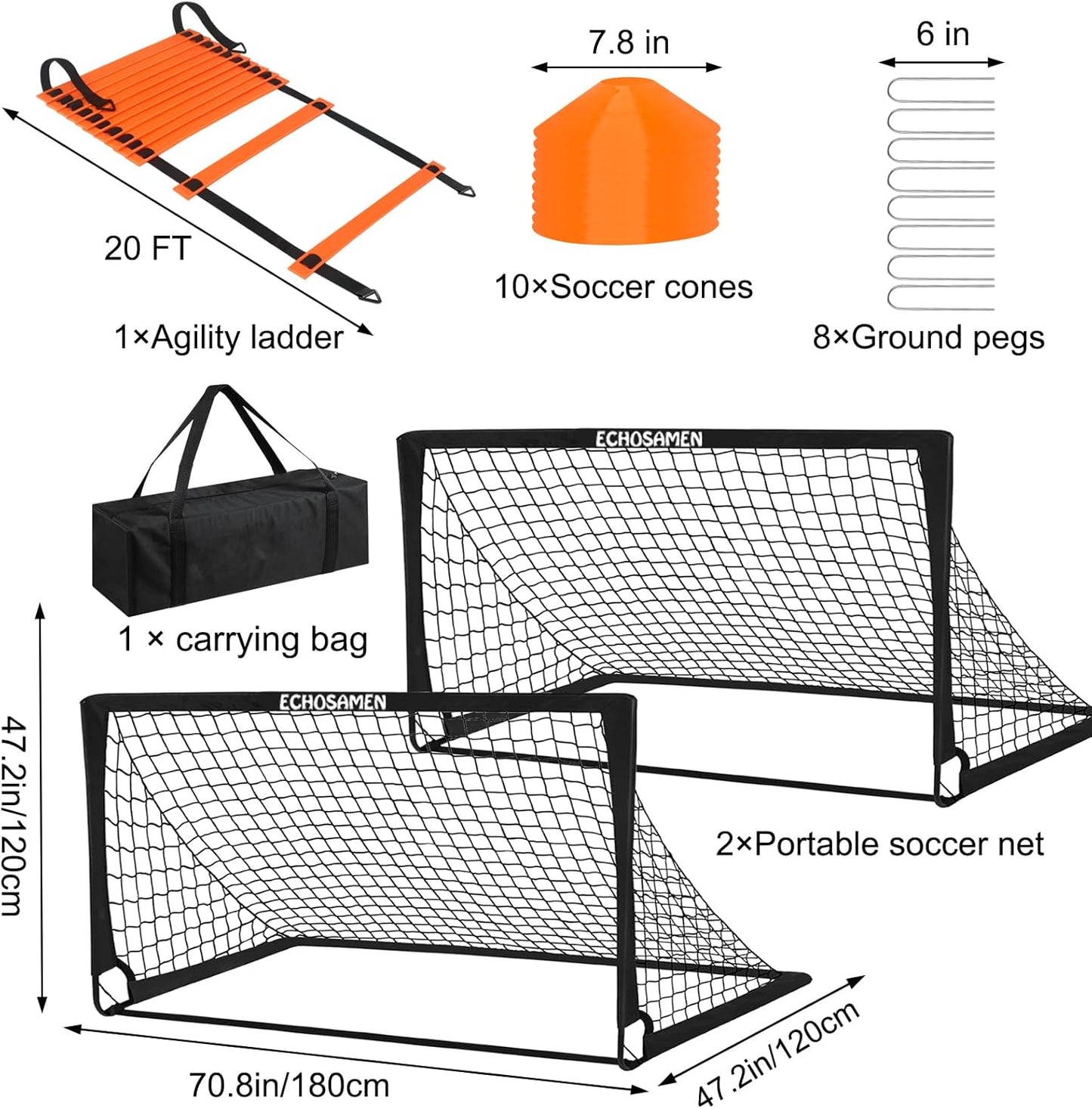 Skiennix Kids Soccer Goals - Portable 6 x 4 Ft Soccer Goal Set with 10 Cones & Agility Ladder