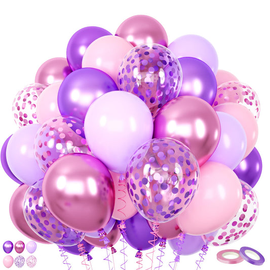 Purple Pink Balloons, 60 Packs 12 Inch Metallic Purple Pink Confetti Balloons, Pastel Lavender Balloon for Girls Women Birthday Wedding Bridal Baby Shower Princess Music Theme Party Decoration