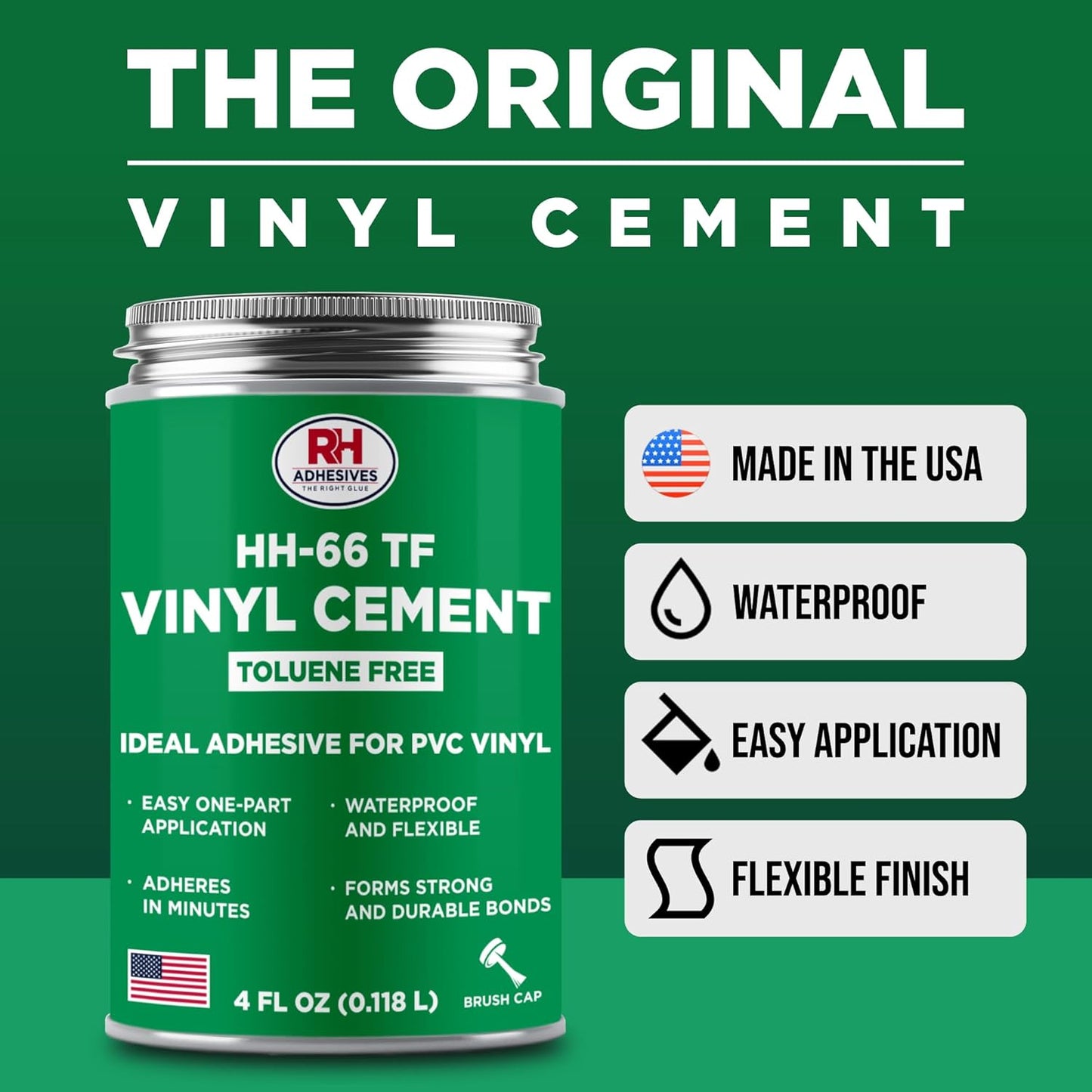 RH Adhesives HH-66 Toluene Free Vinyl Cement - Waterproof Flexible Adhesive for PVC & Vinyl Repair - 4 oz