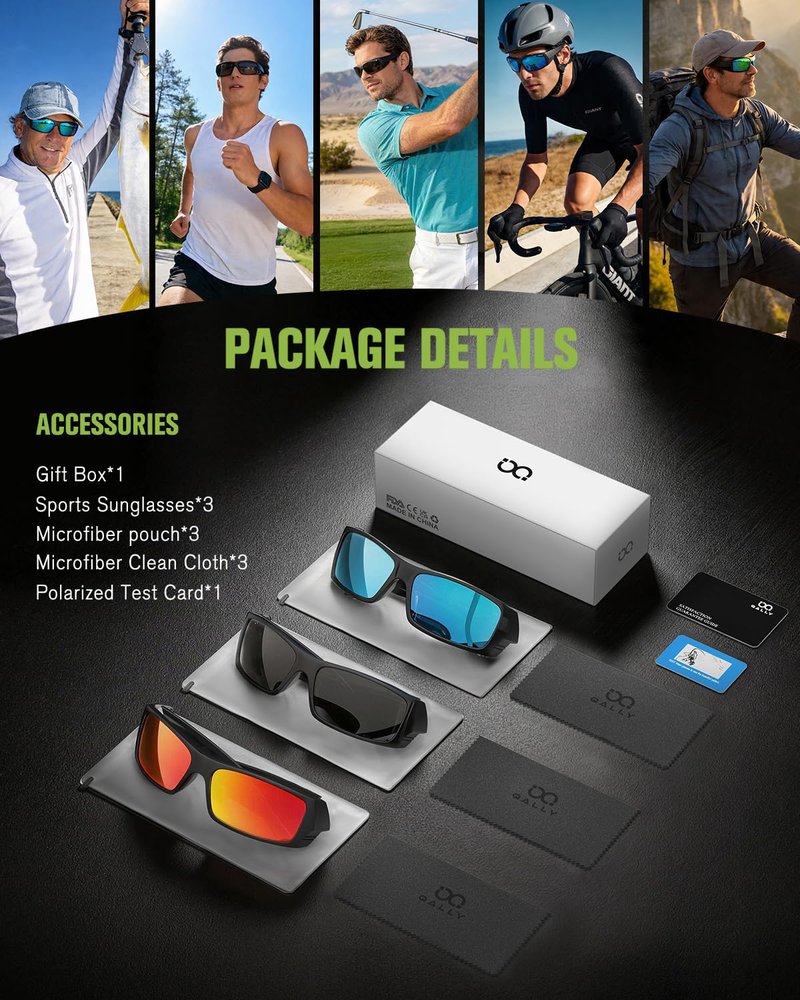 QALLY Polarized Sports Sunglasses for Men Women Wrap Around Sun Glasses UV400 Protection Mens Sunglasses Cycling Fishing Golf