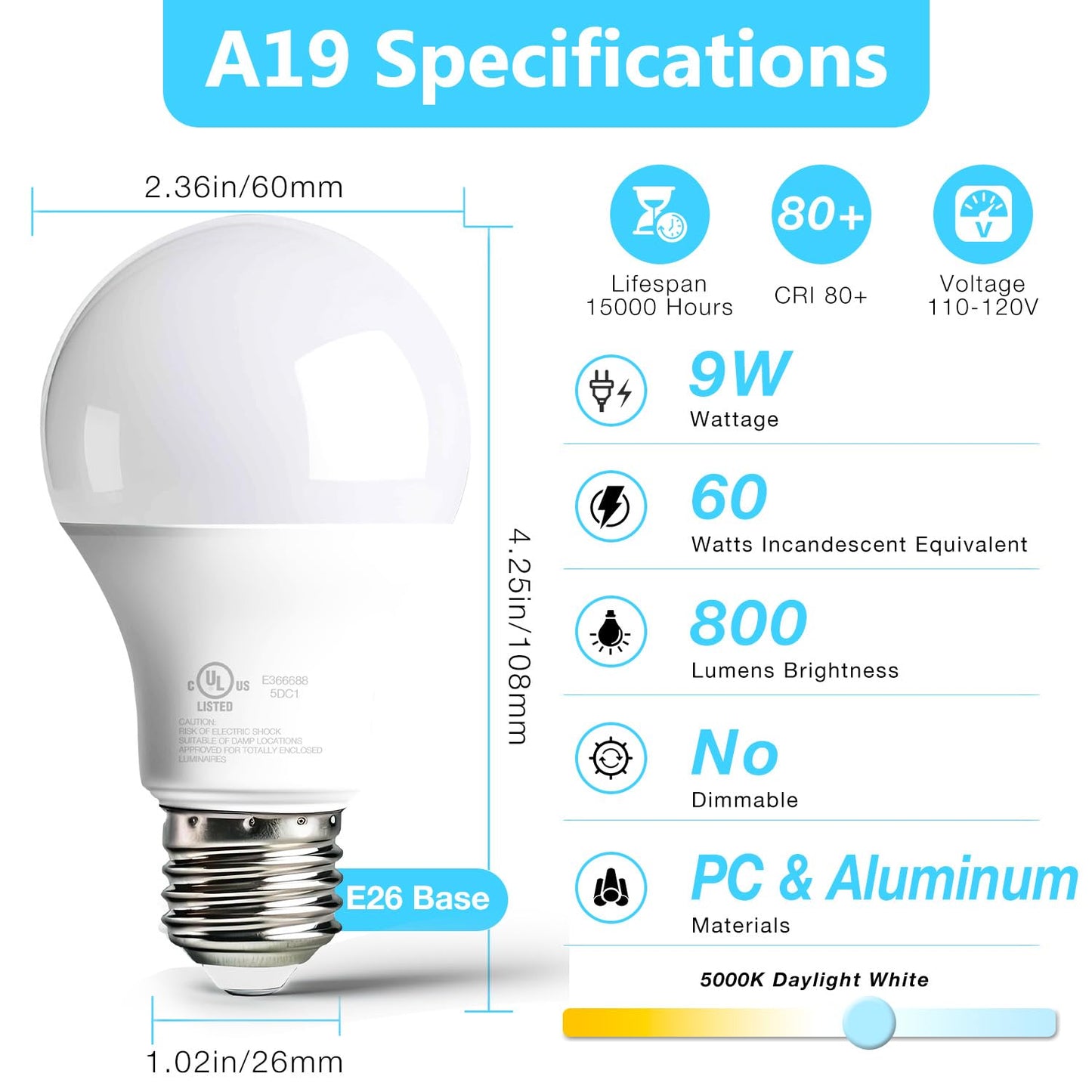 dalattin 6 Pack LED Bulbs Daylight White 5000K, 60 Watt Equivalent A19 Standard Bulbs, E26 Base, 800 LM, Efficient 9W Energy Saving, Non-Dimmable, 80+ CRI, 120V, UL Listed, for Living Room, Office
